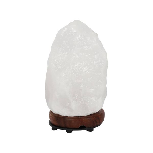 White crystal Himalayan salt lamp on a dark wood base against a white background