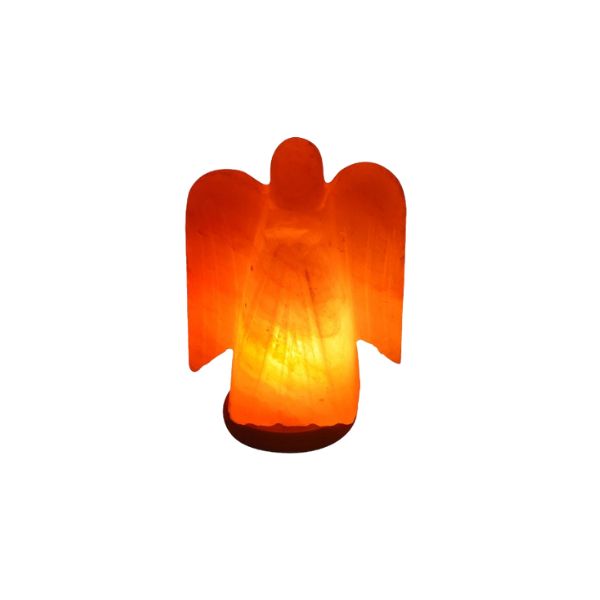 Angel-shaped Himalayan salt lamp glowing orange on a white background