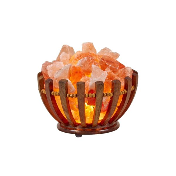 Wood-slat bowl salt lamp filled with glowing pink Himalayan salt chunks on a white background