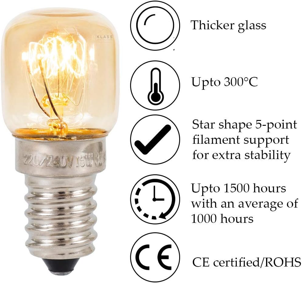 Replacement E14 salt lamp bulb specifications: thicker glass, up to 300°C, 1500 hour lifespan