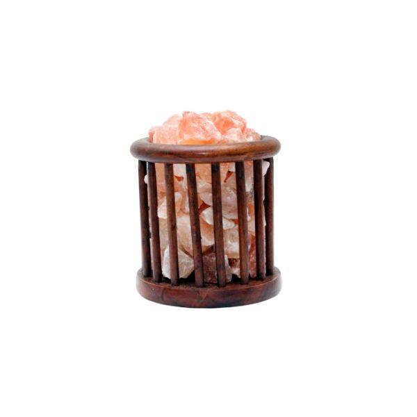 Cylindrical wood-cage salt lamp glowing amber, filled with Himalayan salt chunks