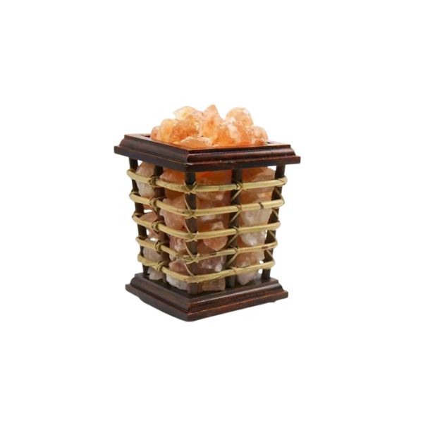 Square wood-and-cane basket lamp filled with glowing pink Himalayan salt chunks