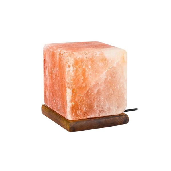 Cube-shaped Himalayan salt USB lamp on a wooden base against a white background