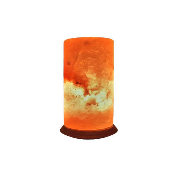 Cylindrical Himalayan salt lamp glowing amber on a dark wood base against a white background