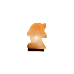 Dolphin-shaped Himalayan salt lamp on a dark wood base, glowing amber, against a white background