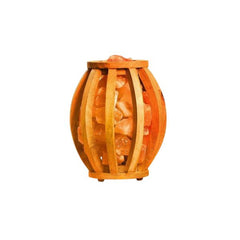 Barrel-shaped wood-slat basket lamp filled with glowing Himalayan salt chunks