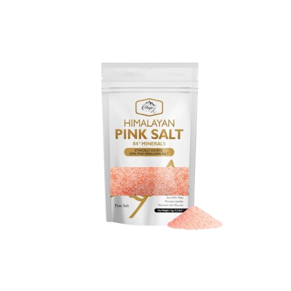 Bag of Himalayan pink fine salt with a small pile of salt shown in front