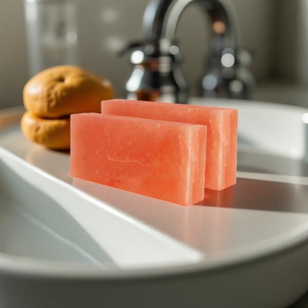 Two rectangular Himalayan salt bricks standing on a bathroom sink tray
