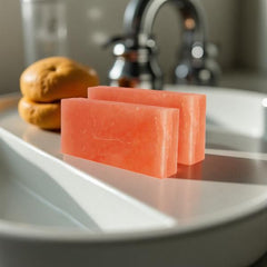 Two rectangular Himalayan salt bricks standing on a bathroom sink tray