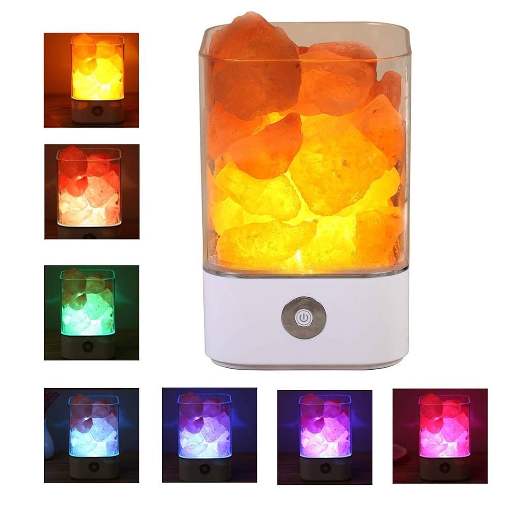 USB Himalayan salt crystal lamp shown in nine different LED colour modes