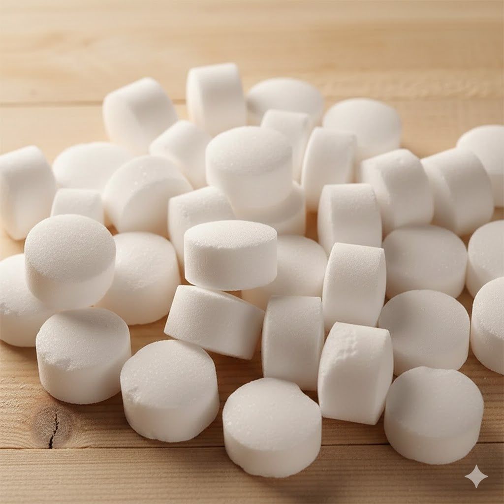 Close-up of round white water softener salt tablets piled on a wooden surface