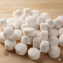 Close-up of round white water softener salt tablets piled on a wooden surface