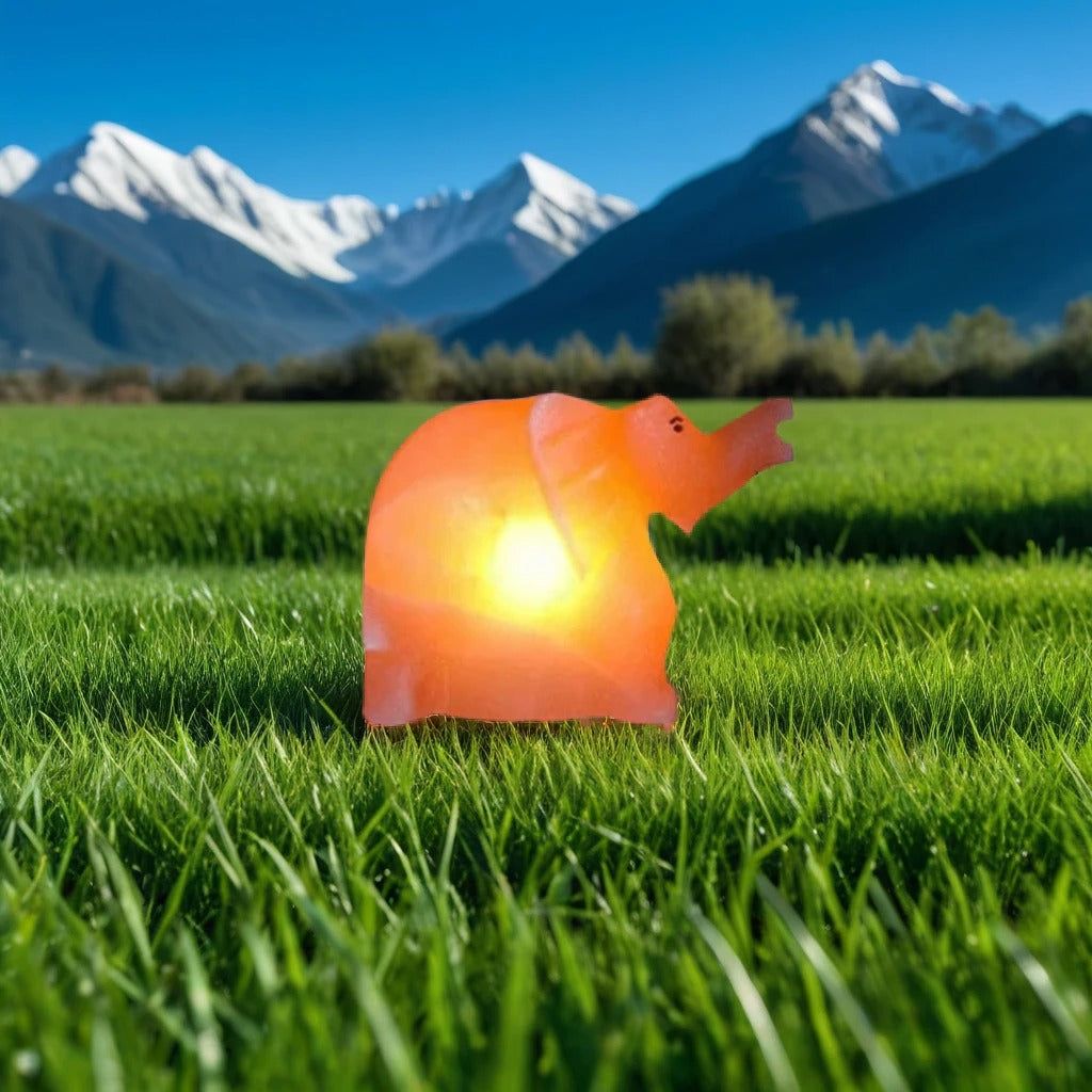 Elephant-shaped Himalayan salt lamp glowing in a green field with snow-capped mountains in the background