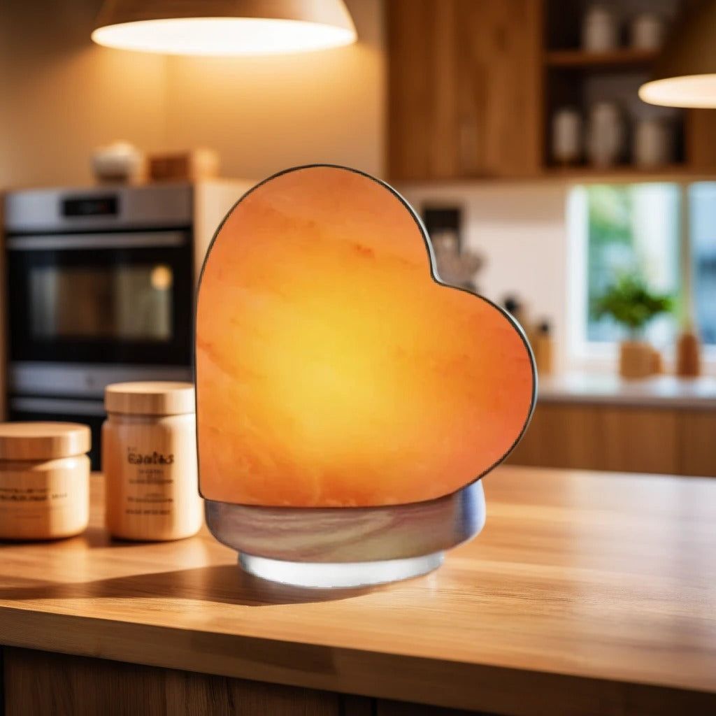 Heart-shaped Himalayan salt lamp lit on a kitchen counter beside wooden storage jars