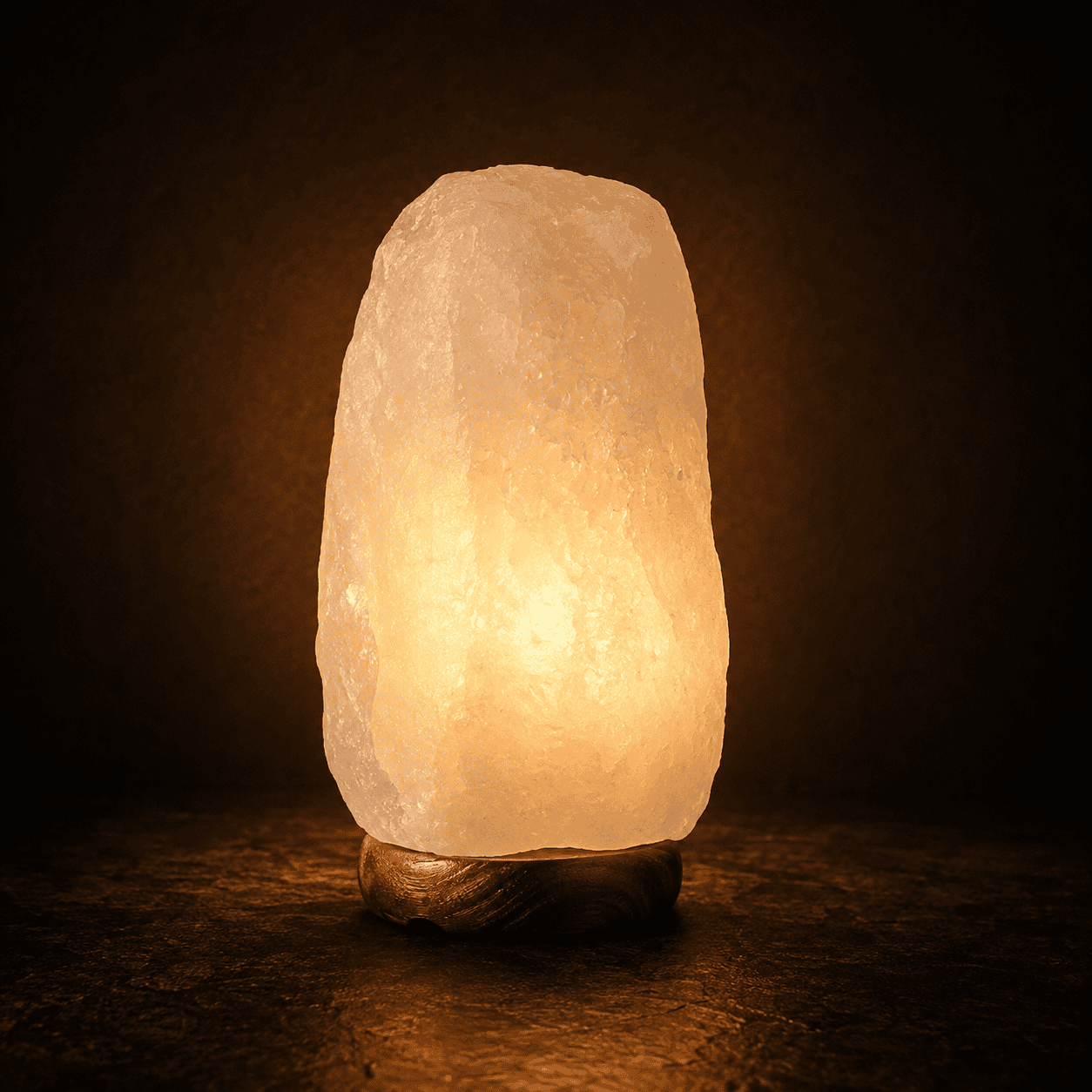 Crystal Himalayan Salt Lamp (2-3kg) – studio photo lit against a dark background