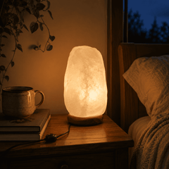 Crystal Himalayan Salt Lamp (2-3kg) – styled in a home lifestyle setting, lit at evening