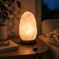 Crystal Himalayan Salt Lamp (3-5kg) – styled in a home lifestyle setting, lit at evening