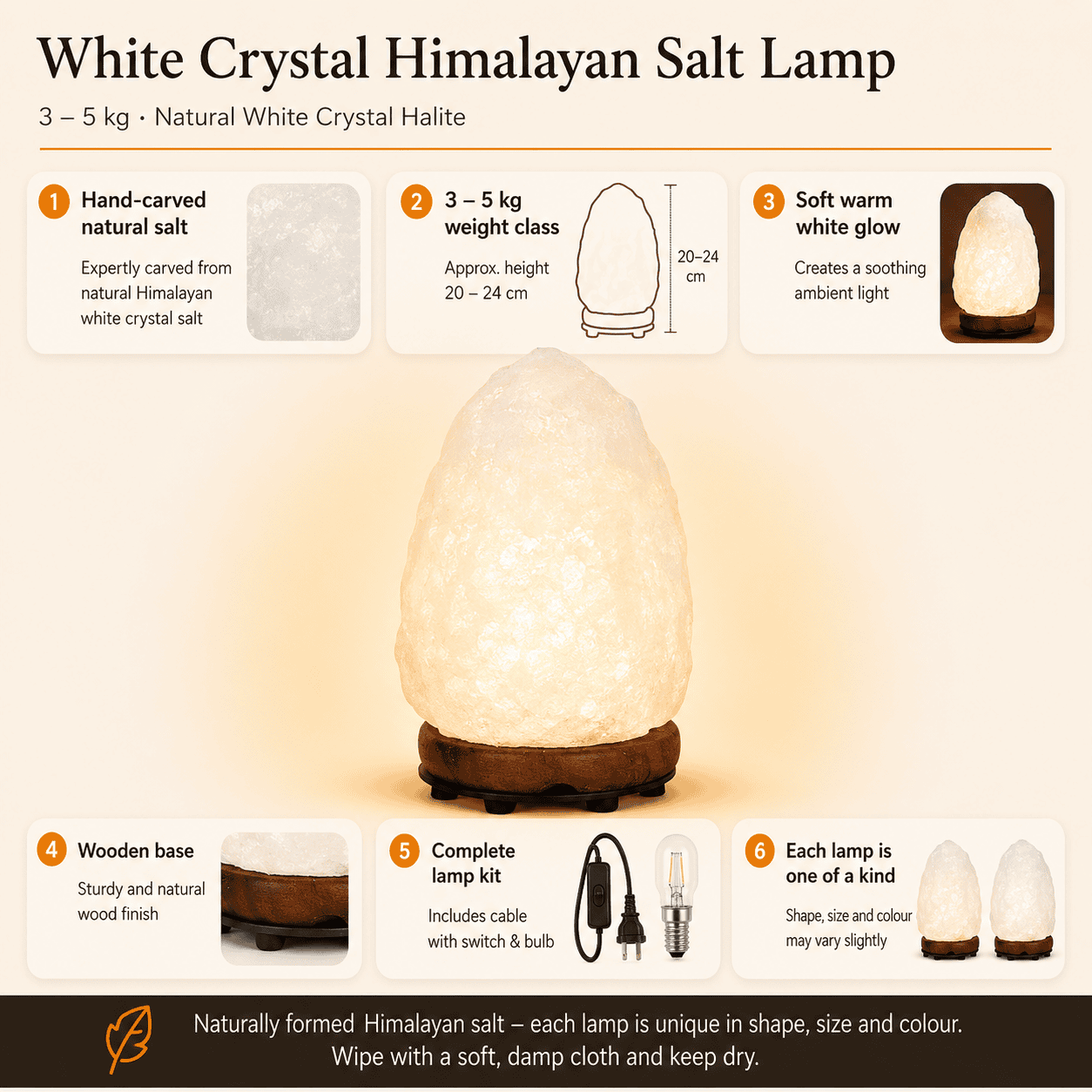 Crystal Himalayan Salt Lamp (3-5kg) – infographic highlighting the product's key features