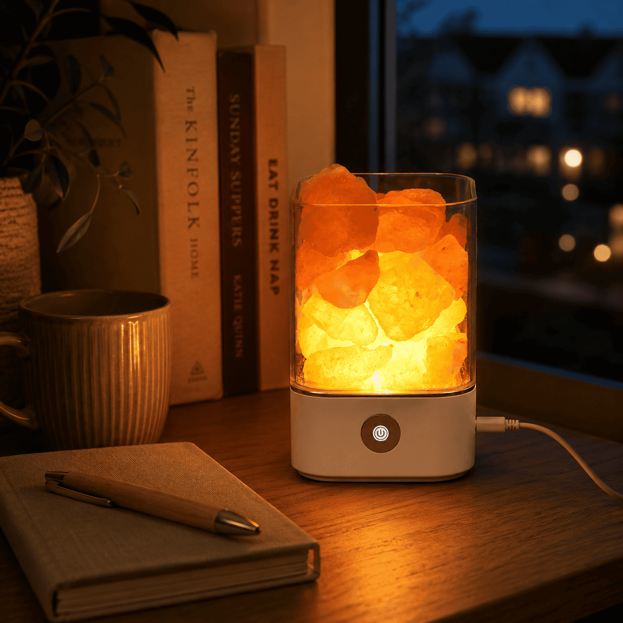 Crystal Salt Lamp with Chunks (USB Multi-Colour) – styled in a home lifestyle setting, lit at evening