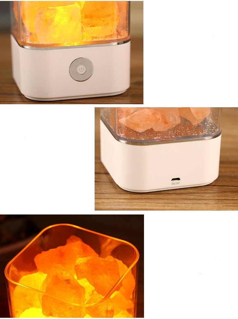 Three close-up views of the USB salt lamp base showing the power button and DC 5V charging port