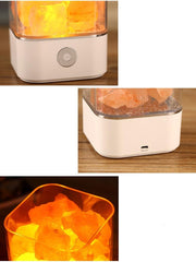Three close-up views of the USB salt lamp base showing the power button and DC 5V charging port