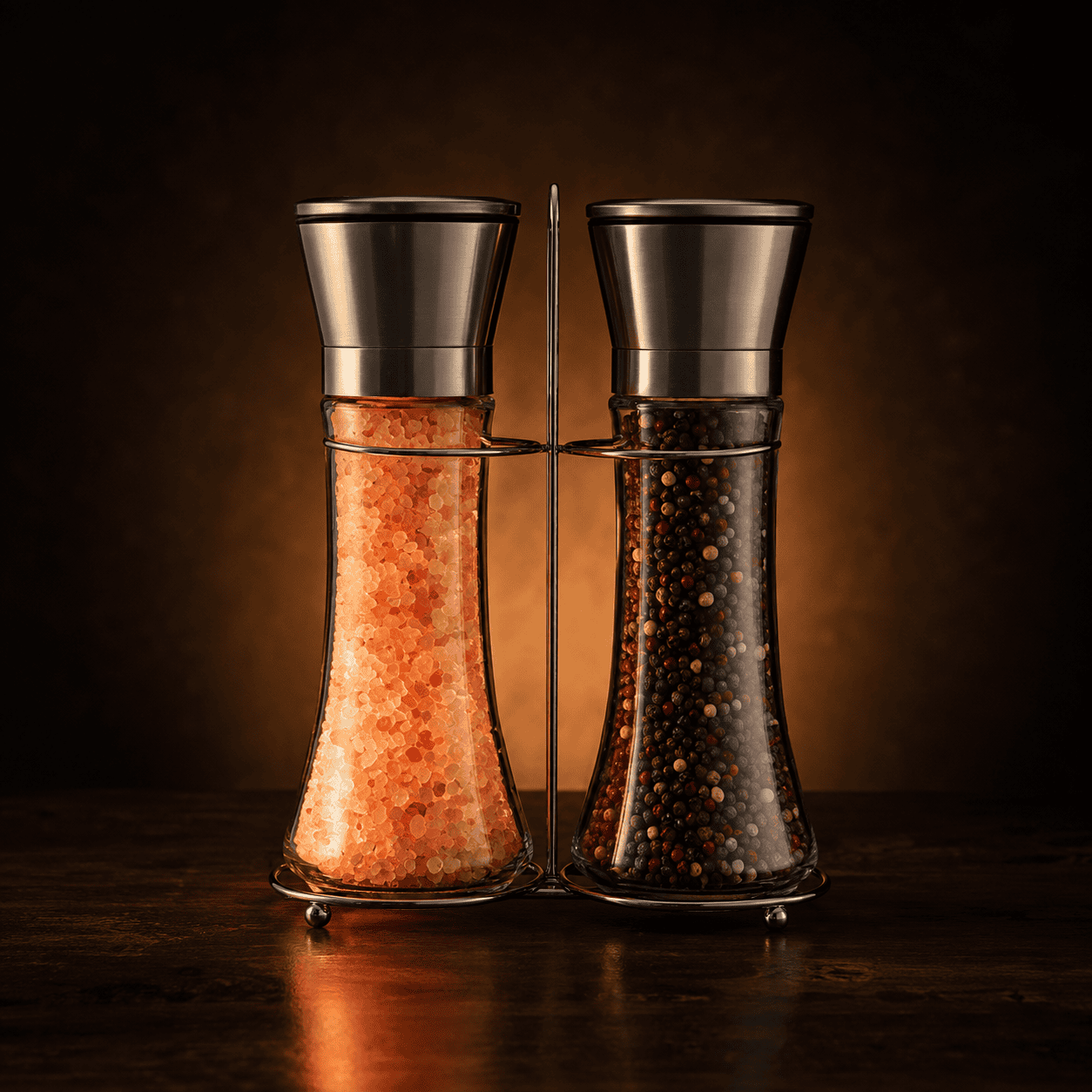 Glass Salt Grinder (Set of 2) – studio photo lit against a dark background