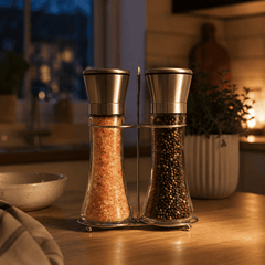 Glass Salt Grinder (Set of 2) – styled in a home lifestyle setting, lit at evening