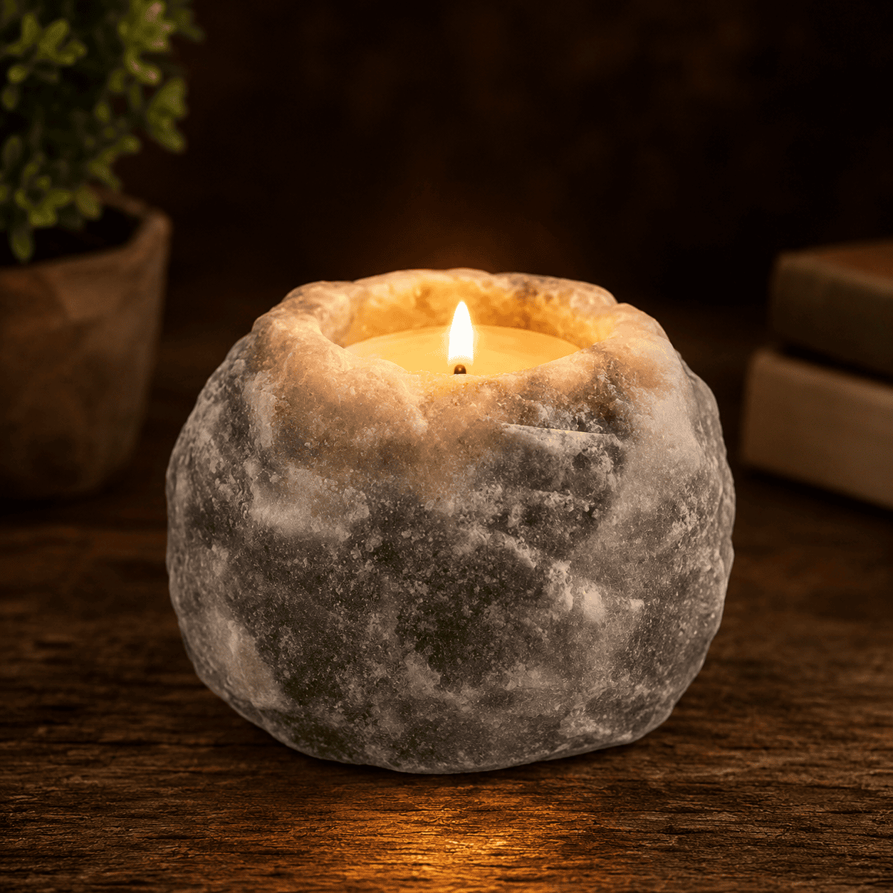 Grey Himalayan Salt Candle Holder (Set of 2) – studio photo lit against a dark background