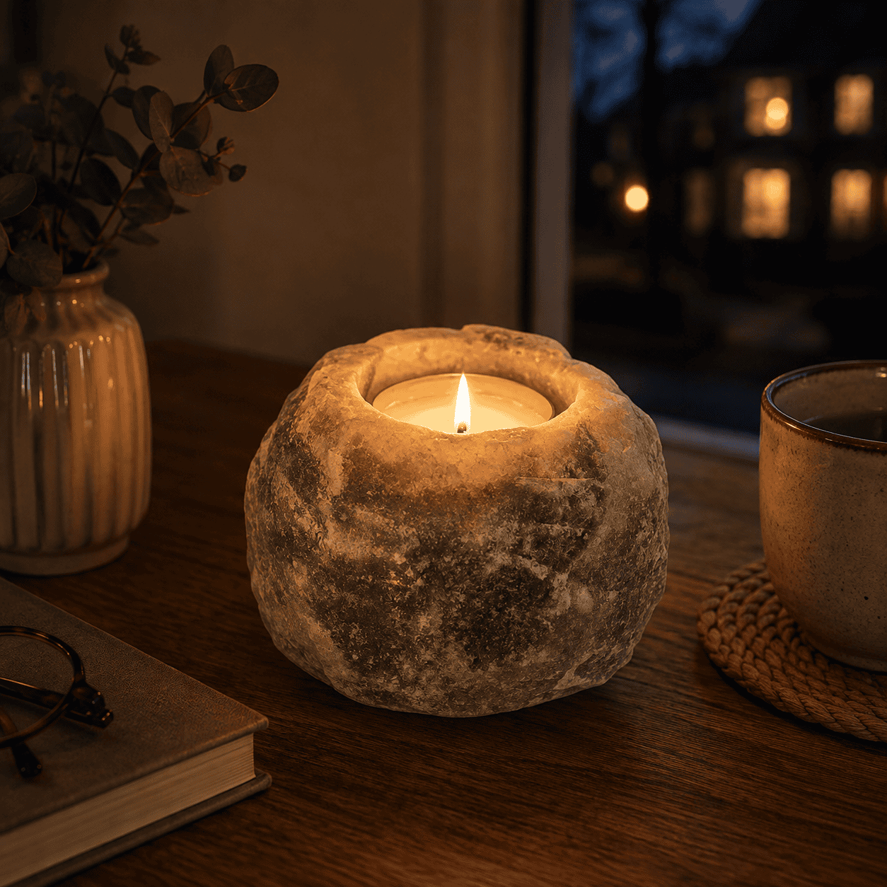 Grey Himalayan Salt Candle Holder (Set of 2) – styled in a home lifestyle setting, lit at evening