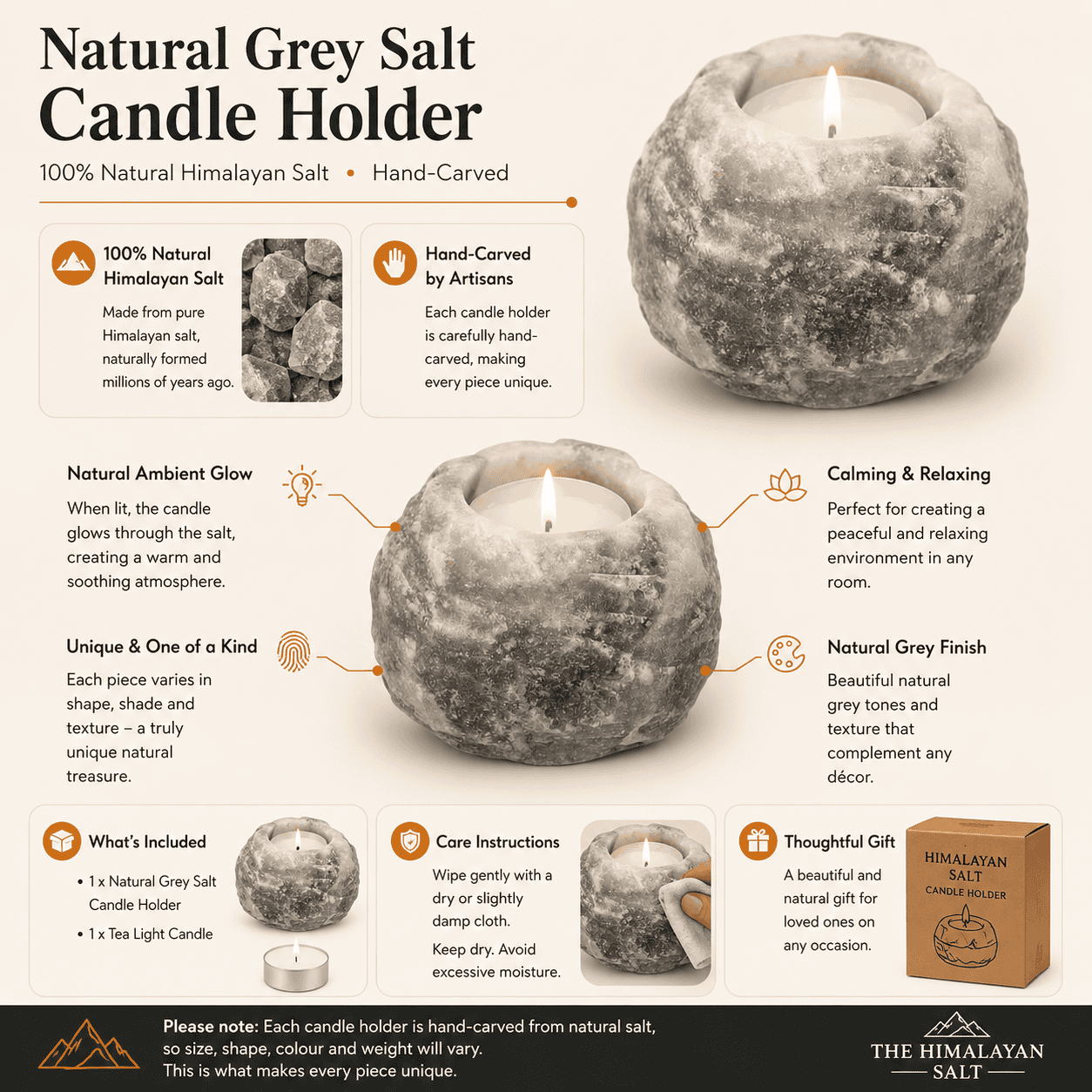 Grey Himalayan Salt Candle Holder (Set of 2) – infographic highlighting the product's key features