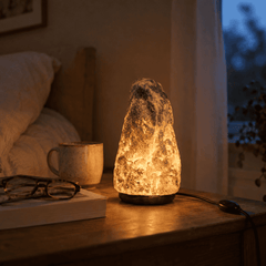 Grey Himalayan Salt Lamp (3-5kg) – styled in a home lifestyle setting, lit at evening