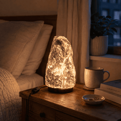 Grey Himalayan Salt Lamp (3-5kg) – styled in a home lifestyle setting, lit at evening (alternate angle)