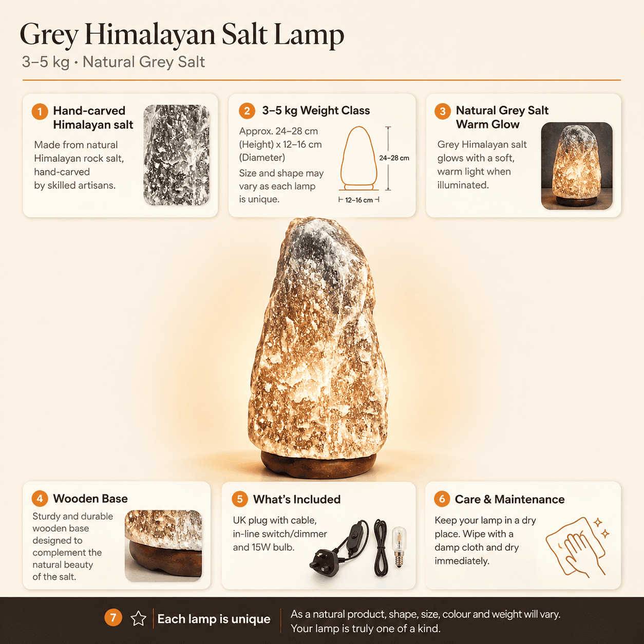 Grey Himalayan Salt Lamp (3-5kg) – infographic highlighting the product's key features