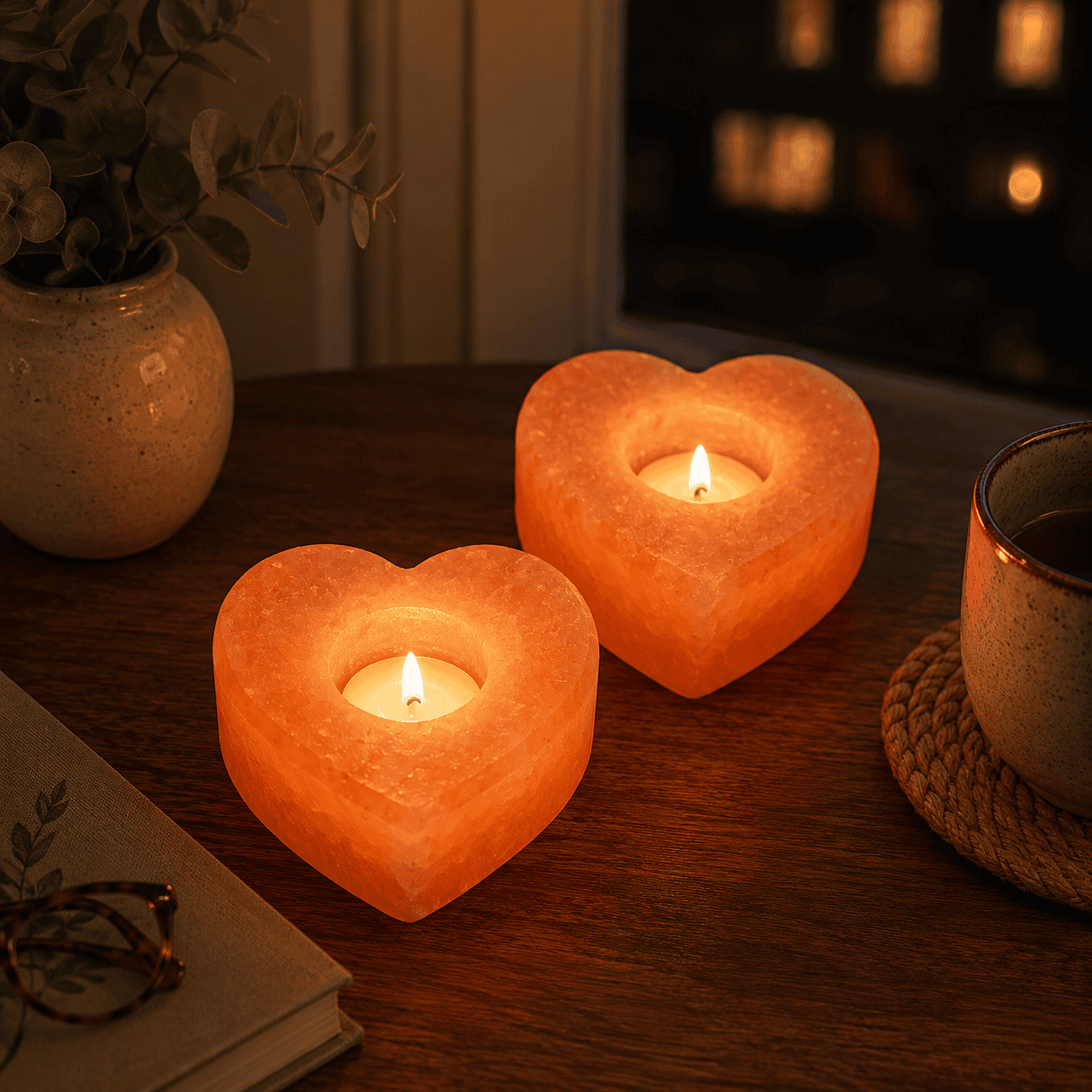 Heart Himalayan Salt Candle Holder (Set of 2) – styled in a home lifestyle setting, lit at evening