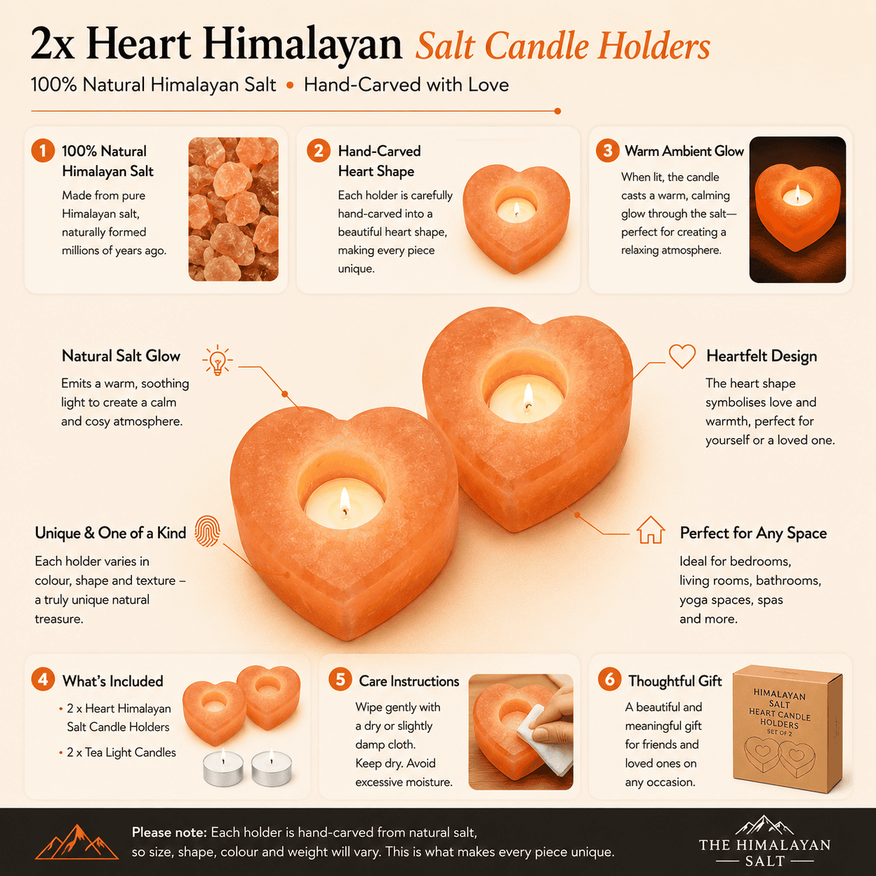 Heart Himalayan Salt Candle Holder (Set of 2) – infographic highlighting the product's key features