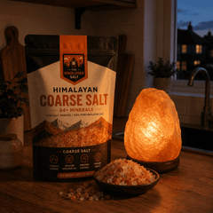 Himalayan Coarse Salt (1kg) – styled in a home lifestyle setting, lit at evening