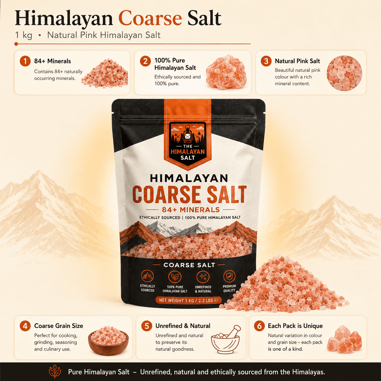 Himalayan Coarse Salt (1kg) – infographic highlighting the product's key features
