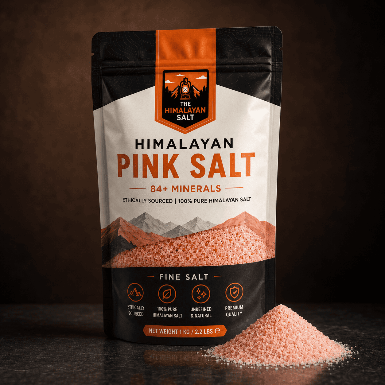 Himalayan Fine Salt (1kg) – studio photo lit against a dark background