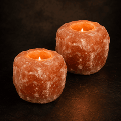 Natural Pink Himalayan Salt Candle Holder (Set of 2) – studio photo lit against a dark background