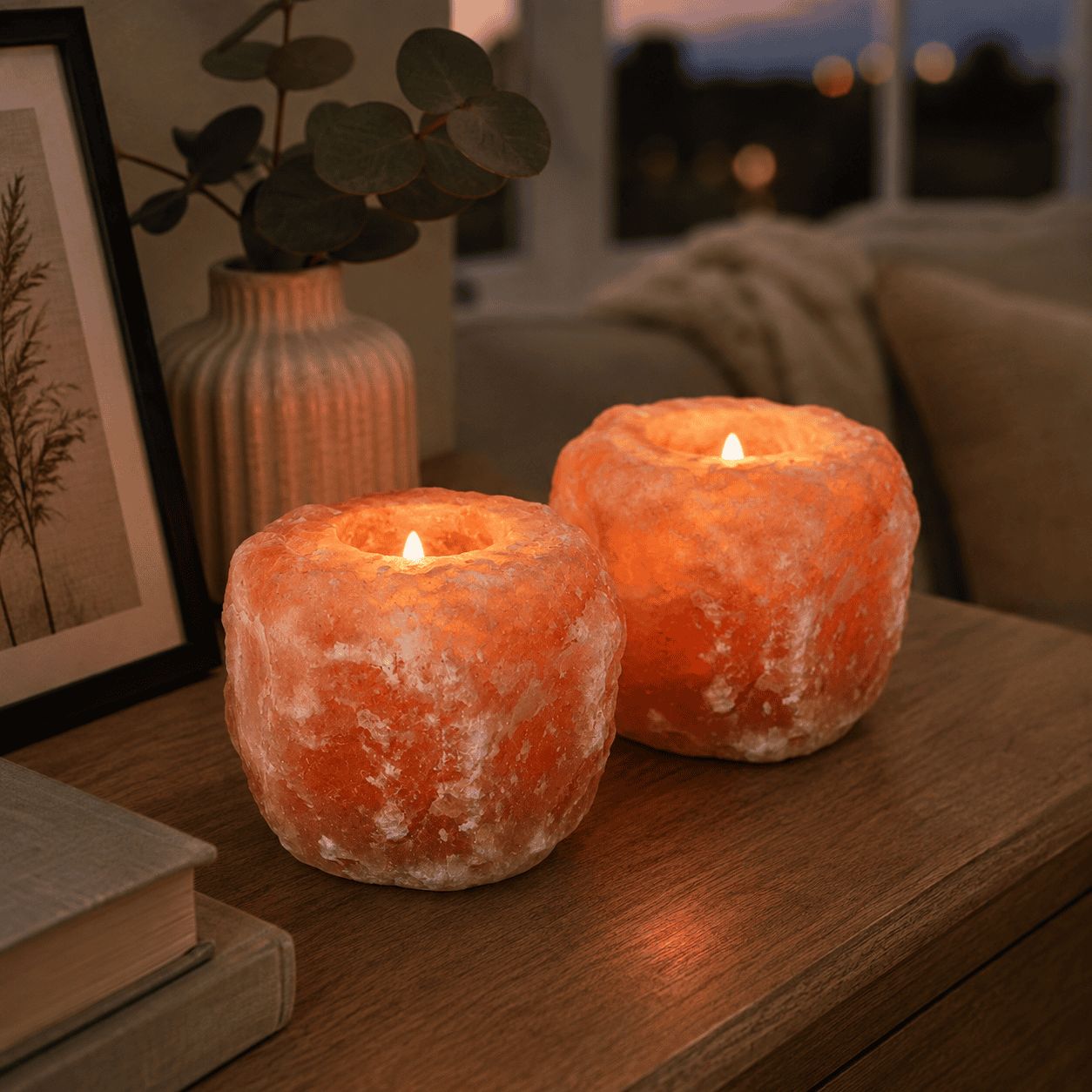 Natural Pink Himalayan Salt Candle Holder (Set of 2) – styled in a home lifestyle setting, lit at evening