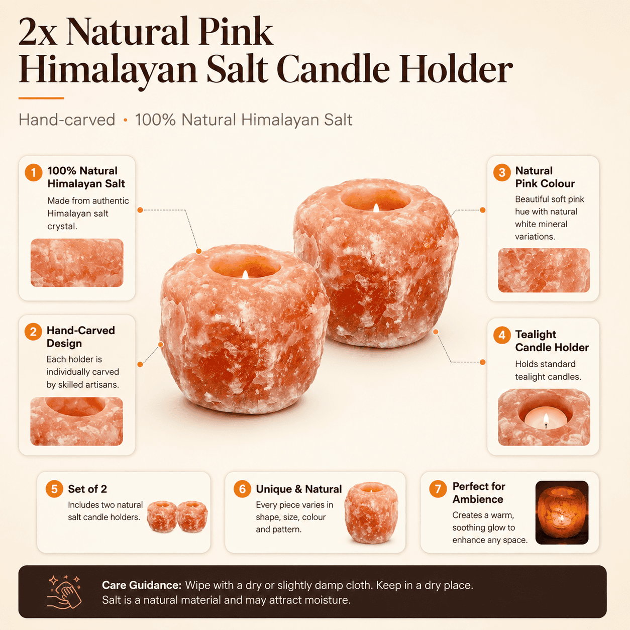 Natural Pink Himalayan Salt Candle Holder (Set of 2) – infographic highlighting the product's key features