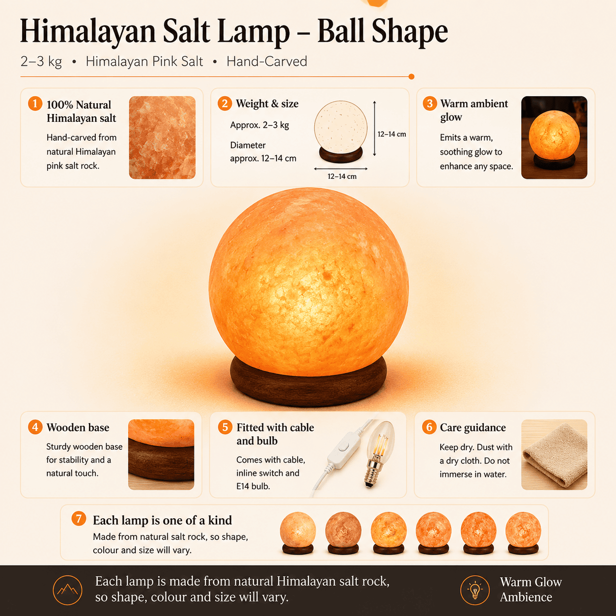 Large Himalayan Salt Ball Lamp (4kg) – infographic highlighting the product's key features