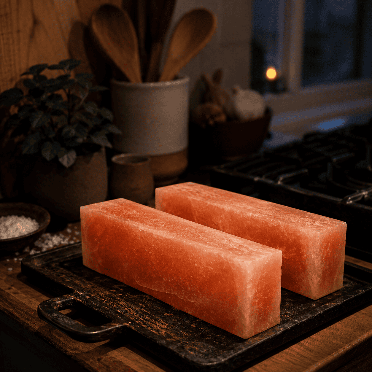 Natural Himalayan Salt Brick (Pack of 2) – styled in a home lifestyle setting, lit at evening