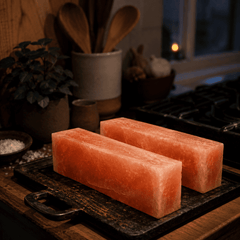 Natural Himalayan Salt Brick (Pack of 2) – styled in a home lifestyle setting, lit at evening