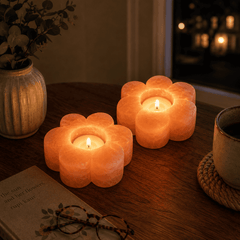 Flower Shape Himalayan Salt Candle Holder (Set of 2) – styled in a home lifestyle setting, lit at evening