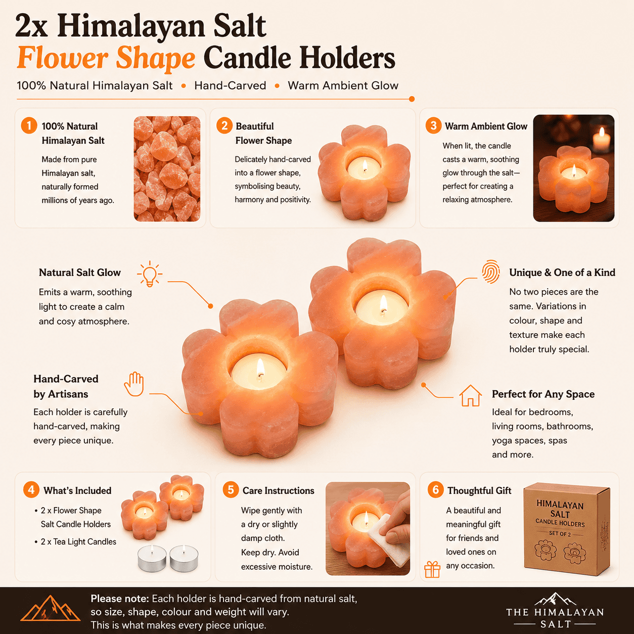 Flower Shape Himalayan Salt Candle Holder (Set of 2) – infographic highlighting the product's key features