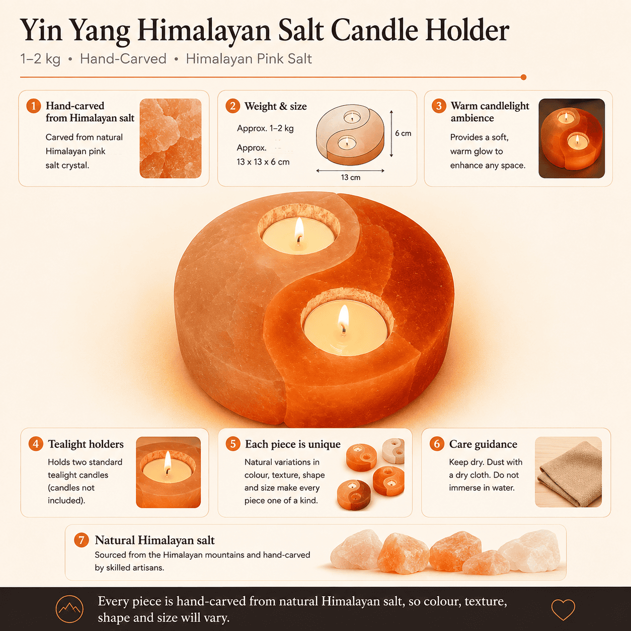 Yin Yang Himalayan Salt Candle Holder – infographic highlighting the product's key features