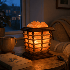 Cane Wood Basket Himalayan Salt Lamp – styled in a home lifestyle setting, lit at evening