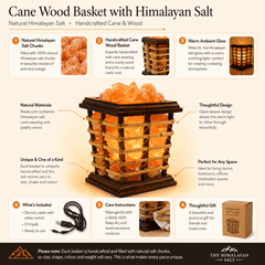 Cane Wood Basket Himalayan Salt Lamp – infographic highlighting the product's key features
