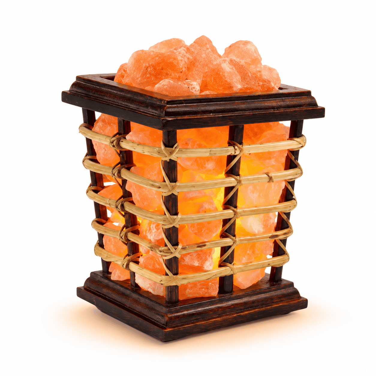 Cane Wood Basket Himalayan Salt Lamp – studio product photo on a plain white background
